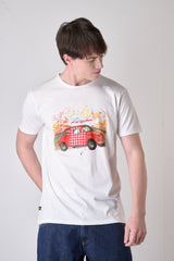 T-SHIRT BIANCA CON STAMPA AUTO 500VINTAGE E INSERTO IN TESSUTO RICAMATO