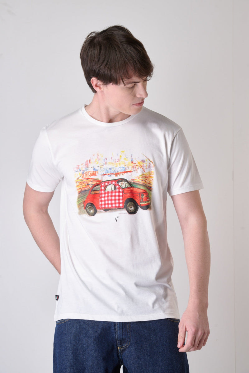 T-SHIRT BIANCA CON STAMPA AUTO 500VINTAGE E INSERTO IN TESSUTO RICAMATO