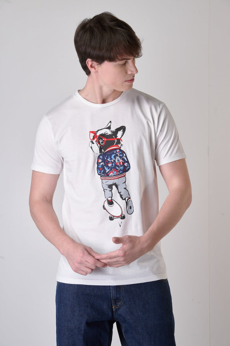 T-SHIRT BIANCA CON STAMPA BULLDOG E INSERTO IN TESSUTO RICAMATO