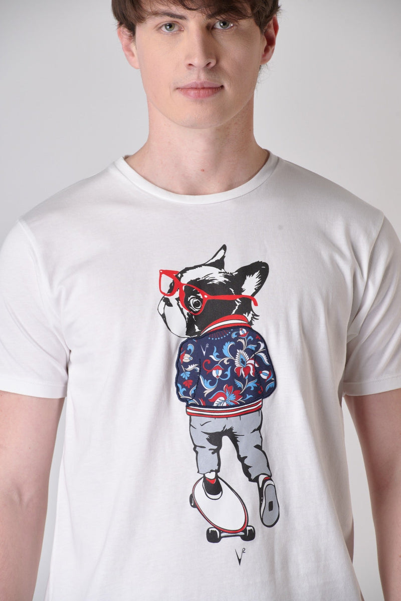 T-SHIRT BIANCA CON STAMPA BULLDOG E INSERTO IN TESSUTO RICAMATO